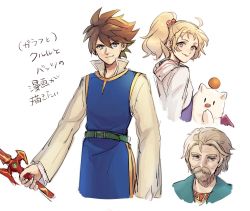 Rule 34 | 1girl, 2boys, blonde hair, blue eyes, brown hair, bartz klauser, closed mouth, facial hair, final fantasy, final fantasy v, galuf halm baldesion, grey hair, krile mayer baldesion (ff5), long hair, looking at viewer, moogle, multiple boys, mustache, ponytail, simple background, smile, square enix, sword, weapon, white background