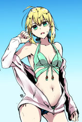 Rule 34 | 1girl, absurdres, ahoge, alternate costume, aqua bikini, aqua eyes, aqua ribbon, artoria pendragon (all), artoria pendragon (fate), bikini, blonde hair, blue background, breasts, chia aich, cleavage, collarbone, cowboy shot, fate/stay night, fate (series), gradient background, hair between eyes, hair ribbon, halterneck, head tilt, highres, jacket, long sleeves, looking at viewer, open clothes, open jacket, open mouth, ribbon, saber (fate), short hair, sketch, small breasts, solo, standing, sweatdrop, swimsuit, white jacket