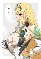 Rule 34 | 1girl, absurdres, blonde hair, breasts, cleavage, cleavage cutout, clothes pull, clothing cutout, earrings, highres, jewelry, large breasts, long hair, mythra (xenoblade), ryochan96154, shirt pull, solo, tiara, xenoblade chronicles (series), xenoblade chronicles 2