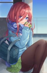 Rule 34 | 1girl, 3:, bag, blue cardigan, blue eyes, blue scarf, blush, breasts, brown hair, brown pantyhose, can, cardigan, chain-link fence, closed mouth, collared shirt, day, drink can, eyes visible through hair, fence, go-toubun no hanayome, green skirt, hair between eyes, headphones, headphones around neck, highres, jacket, long hair, long sleeves, looking at viewer, medium breasts, moorina, nakano miku, outdoors, pantyhose, scarf, school bag, shirt, sitting, skirt, soda, soda can, solo, thighband pantyhose, white shirt