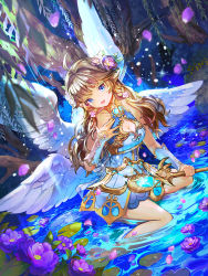 Rule 34 | 1girl, blue eyes, braid, breasts, brown hair, cleavage, cleavage cutout, clothing cutout, detached sleeves, flower, glowing, hair flower, hair ornament, holding, holding weapon, in water, leaf, long hair, looking at viewer, night, night sky, open mouth, original, petals, pointy ears, sky, tree, wand, water, weapon, wings