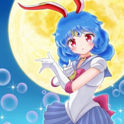 Rule 34 | 1girl, animal ears, bishoujo senshi sailor moon, blue hair, blue sailor collar, blue skirt, blush, bow, bowtie, brooch, chestnut mouth, choker, circlet, cosplay, crescent, earclip, elbow gloves, full moon, gloves, highres, jewelry, looking at viewer, m/, mofu mofu, moon, night, open mouth, pink bow, pink bowtie, pleated skirt, pointing, puffy short sleeves, puffy sleeves, rabbit ears, red bow, red bowtie, red eyes, sailor collar, sailor moon, sailor moon (cosplay), seiran (touhou), shirt, short hair, short sleeves, skirt, solo, sparkle, sweat, touhou, tsuki ni kawatte oshioki yo, white gloves, white shirt