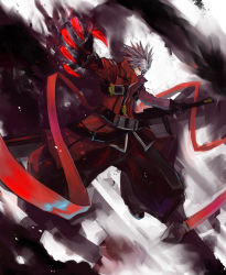 Rule 34 | 1boy, arc system works, belt, black gloves, black pants, blazblue, claws, coat, full body, gloves, gond, holding sword, male focus, multicolored hair, pants, ragna the bloodedge, red eyes, red hair, silver hair, smoke, solo, spiked hair, sword, weapon