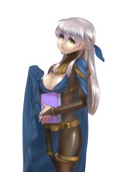 Rule 34 | 10s, 1girl, 2017, alternate costume, bodysuit, book, breasts, cape, cleavage, dark mage (fire emblem awakening), fire emblem, fire emblem: radiant dawn, hair ribbon, holding, holding book, holding cape, holding clothes, long hair, medium breasts, micaiah (fire emblem), nintendo, official alternate costume, open mouth, pelvic curtain, ribbon, shiny skin, sidelocks, silver hair, simple background, standing, thigh strap, thighs, white background, yellow eyes