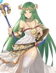 Rule 34 | 1girl, ancient greek clothes, armlet, bangle, bare shoulders, blush, bracelet, breasts, chiton, choker, circlet, cleavage, closed mouth, dress, female focus, gem, green eyes, green hair, half-closed eyes, hands up, happy, highres, holding, holding staff, j@ck, jewelry, kid icarus, lips, long hair, matching hair/eyes, medium breasts, neck ring, necklace, nintendo, no panties, palutena, shield, shiny skin, side slit, simple background, single thighhigh, smile, solo, staff, standing, strapless, strapless dress, thighhighs, thighs, vambraces, very long hair, white background, white dress, white thighhighs, yellow choker