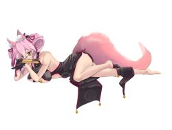 Rule 34 | 1girl, animal ear fluff, animal ears, artist request, black gloves, breasts, china dress, chinese clothes, choker, cleavage cutout, clothing cutout, collarbone, dress, fate/grand order, fate (series), folded fan, folding fan, fox ears, fox girl, fox tail, glasses, gloves, hand fan, koyanskaya (chinese lostbelt outfit) (fate), koyanskaya (fate), large breasts, looking at viewer, lying, pink hair, ribbon choker, simple background, solo, tail, tamamo (fate), underboob, white-framed eyewear, white background, yellow eyes