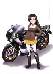 Rule 34 | 10s, 1girl, absurdres, asymmetrical bangs, black footwear, black hair, boots, breasts, brown eyes, brown jacket, chi-hatan military uniform, cleavage, collarbone, copyright name, girls und panzer, hand on own hip, head tilt, highres, jacket, knee pads, long hair, looking at viewer, medium breasts, military, military uniform, miniskirt, motor vehicle, motorcycle, nishi kinuyo, official art, pantyhose, pleated skirt, simple background, skirt, smile, solo, uniform, white background, white pantyhose, yellow skirt, yoshida nobuyoshi