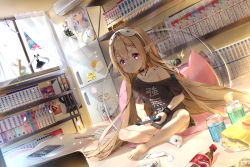 Rule 34 | 1girl, ahoge, air conditioner, ark order, bag of chips, bandaid, bandaid on leg, barefoot, bendy straw, black choker, blush, bookshelf, brown shirt, can, character request, chips (food), choker, clipboard, clock, closed mouth, clothes writing, coke bottle, collarbone, commentary, crossed ankles, curtains, day, drink, drinking straw, earrings, feet, figure, food, hair between eyes, highres, holding, indoors, jewelry, light brown hair, lightning bolt symbol, long hair, mask, mask on head, maya g, mechanical pencil, no shoes, off shoulder, pencil, pillow, pointy ears, poster (object), potato chips, purple eyes, refrigerator, ribbon, shirt, short sleeves, single sock, sitting, sleep mask, socks, unworn socks, solo, sunlight, symbol-only commentary, tail, tail ornament, tail ribbon, translation request, transparent, v-shaped eyebrows, very long hair, white socks, wind chime, window