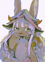Rule 34 | 1other, animal ears, ears through headwear, fake horns, furry, helmet, hinann bot, horizontal pupils, horned helmet, horns, long hair, made in abyss, nanachi (made in abyss), simple background, topless, upper body, whiskers, white background, white hair, yellow eyes