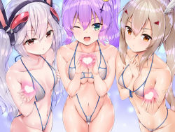 Rule 34 | 3girls, alternate breast size, alternate costume, amasora taichi, animal ears, arm between breasts, ayanami (azur lane), azur lane, bare shoulders, between breasts, bikini, blush, breast press, breasts, collarbone, commentary request, cowboy shot, eyepatch bikini, fake animal ears, from side, front-tie top, green eyes, groin, hair between eyes, headgear, high ponytail, highleg, highleg bikini, javelin (azur lane), laffey (azur lane), laffey (retrofit) (azur lane), light brown hair, looking at viewer, medium breasts, multiple girls, navel, one eye closed, open mouth, ponytail, purple hair, rabbit ears, revealing clothes, shiny skin, silver hair, slingshot swimsuit, small breasts, swimsuit, thigh gap, thighs, twintails