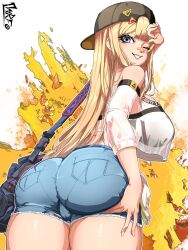 Rule 34 | 1girl, alternate costume, ass, ass focus, ass grab, ass support, bag, bare shoulders, baseball cap, blonde hair, blue eyes, breasts, cameltoe, centi (nikke), centi (supreme holiday) (nikke), come hither, crop top, deep skin, denim, denim shorts, from behind, from below, goddess of victory: nikke, handbag, hat, highres, huge ass, large breasts, long hair, looking at viewer, one eye closed, short shorts, shorts, sideboob, smile, solo, thick thighs, thighs, very long hair, warfakaid, wink