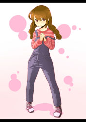 Rule 34 | 1girl, braid, breasts, brown hair, futaba no taiko, jewelry, large breasts, letterboxed, no nose, original, overalls, own hands together, pigeon-toed, purple eyes, ring, shoes, sneakers, solo, strap slip, striped clothes, striped sweater, sweater, tooru0908, twin braids