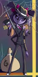 Rule 34 | 1girl, arthropod girl, cigar, extra arms, extra eyes, fangs, formal, gun, hat, highres, insect girl, leqha, moneybag, muffet, spider girl, submachine girl, submachine gun, thompson submachine gun, undertale, weapon