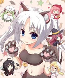 Rule 34 | &gt; o, 6+girls, = =, ahoge, animal ears, animal hands, apple, arms up, bandaged chest, bat (animal), black hair, black headwear, blonde hair, blush, breasts, brown fur, candy, chibi, cleavage, collarbone, commentary request, cosplay, cross, fake animal ears, fake tail, fang, food, fruit, ghost costume, ghost pose, gloves, green eyes, green hair, hair between eyes, hair ribbon, hakutocake, half updo, halloween, halloween costume, happy, hat, heart, highres, hitachi mako, index finger raised, kurama koharu, large breasts, lena liechtenauer, little red riding hood, little red riding hood (grimm), little red riding hood (grimm) (cosplay), long hair, looking at another, looking at viewer, low twintails, maniwa roka, multiple girls, mummy costume, murasame (senren), navel, nervous smile, o o, one eye closed, open mouth, parted bangs, parted lips, paw gloves, paw pose, pink background, pink hair, pumpkin, purple eyes, purple hair, purple ribbon, red skirt, ribbon, senren banka, short hair with long locks, shy, simple background, skirt, slit pupils, smile, smug, solo focus, star (symbol), stomach, sweatdrop, tail, tomotake yoshino, twintails, vampire costume, very long hair, white hair, witch, witch hat, wolf ears, wolf tail