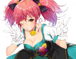 Rule 34 | 10s, 1girl, breasts, cleavage, collar, double v, earrings, flower, heart, heart earrings, idolmaster, idolmaster cinderella girls, jewelry, jougasaki mika, large breasts, looking at viewer, mikan (chipstar182), one eye closed, pink hair, puff and slash sleeves, puffy short sleeves, puffy sleeves, rose, short sleeves, simple background, smile, solo, star!!, teeth, twintails, v, white background, yellow eyes, yellow flower, yellow rose