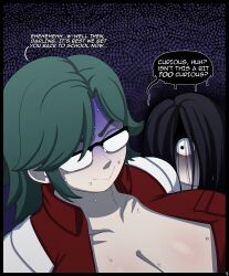 Rule 34 | black hair, blackwhiplash, breasts, couple, damien mortis, family, glasses, green hair, huge breasts, jinny mortis, lab coat, laboratory, long hair, looking at another, scary face, science, science fiction, scientist, sweat