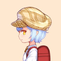 Rule 34 | 1girl, backpack, bag, blue hair, blvefo9, brown background, brown hat, cabbie hat, collared shirt, commentary, hat, looking at viewer, looking to the side, orange eyes, original, parted lips, plaid headwear, pointy ears, profile, randoseru, shirt, short hair, simple background, solo, symbol-only commentary, white shirt