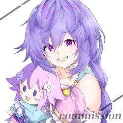 Rule 34 | 1girl, bare shoulders, blue dress, blush, blush stickers, braid, braided ponytail, character doll, commission, d-pad, d-pad hair ornament, hugging doll, dress, esto 0079, hair between eyes, hair ornament, happy, highres, kami jigen game neptune v, looking at viewer, messy hair, neptune (neptunia), neptune (series), hugging object, off shoulder, open mouth, pink eyes, purple hair, pururut, single braid, smile, solo, upper body