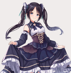 Rule 34 | 1girl, :3, alisia0812, bare shoulders, black dress, black ribbon, blue ribbon, breasts, closed mouth, commentary request, corset, cowboy shot, detached sleeves, dress, frilled dress, frills, hair ribbon, highres, idolmaster, idolmaster shiny colors, layered dress, long hair, long sleeves, mitsumine yuika, neck ribbon, parted bangs, ribbon, signature, skirt hold, small breasts, smile, solo, twintails, yellow ribbon