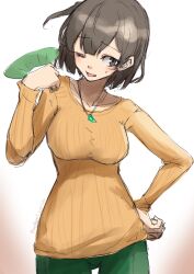 Rule 34 | 1girl, blush, breasts, brown eyes, brown hair, dated, green pants, hand fan, hand on own hip, highres, hiryuu (kancolle), holding, holding fan, jewelry, kantai collection, medium breasts, necklace, official alternate costume, one eye closed, one side up, open mouth, orange sweater, pants, ribbed sweater, short hair, simple background, sketch, solo, sweat, sweater, tongue, twitter username, umibudou