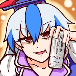 Rule 34 | 1girl, bags under eyes, blue hair, blue shirt, can, cheek squash, collar, collarbone, concha3381, hair between eyes, hat, highres, holding, holding can, kamishirasawa keine, looking at viewer, monster energy, multicolored hair, open mouth, purple collar, red eyes, shaded face, shirt, smile, streaked hair, touhou, white hair, white sleeves