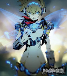 Rule 34 | 1girl, aegis (persona), android, atlus, blonde hair, blue eyes, blurry, butterfly wings, cowboy shot, depth of field, glowing, glowing eyes, hand on own chest, headphones, insect wings, joints, logo, looking at viewer, lord of vermilion, lord of vermilion re:2, machinery, magic, official art, persona, persona 3, persona 4: the ultimate in mayonaka arena, robot joints, serious, shin megami tensei, short hair, soejima shigenori, solo, wings