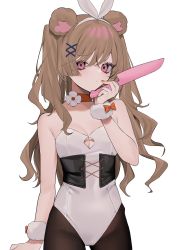 Rule 34 | 1girl, animal ears, bare shoulders, bear ears, bebe (bebe pp), black pantyhose, bow, choker, closed mouth, cowboy shot, extra ears, fake animal ears, fur, hair ornament, hand up, highres, holding, holding knife, knife, leotard, long hair, looking at viewer, original, pantyhose, playboy bunny, rabbit ears, sidelocks, sleeveless, solo, standing, white background, wrist cuffs, x hair ornament