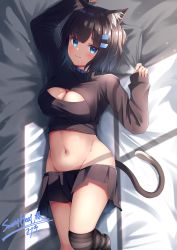 Rule 34 | 1girl, animal ear fluff, animal ears, arm up, bed sheet, black hair, black skirt, black sweater, black thighhighs, blue choker, blue eyes, breasts, cat ears, cat girl, cat tail, choker, cleavage, cleavage cutout, clothing cutout, crop top, groin, hand up, highres, knee up, large breasts, long sleeves, looking at viewer, lying, microskirt, midriff, miniskirt, miso (misomiso 154), navel, on back, over-kneehighs, pillow, pleated skirt, short hair, skirt, solo, stomach, sweater, sweetheat vr, tail, thighhighs, thighs, turtleneck, turtleneck sweater, vrchat, window shadow