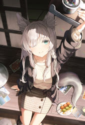 Rule 34 | 1girl, ;), absurdres, animal ear fluff, animal ears, aqua eyes, arm up, bad id, bad pixiv id, black jacket, blush, braid, breasts, brown skirt, camera, closed mouth, collarbone, commentary request, dango, day, food, fox ears, fox tail, from above, highres, holding, holding camera, jacket, kerno, long hair, long sleeves, looking at viewer, looking up, medium breasts, on floor, one eye closed, open clothes, open jacket, original, outdoors, photo (object), plaid, plaid skirt, plate, revision, sidelocks, silver hair, sitting, skirt, smile, solo, tail, unbuttoned, wagashi, wooden floor