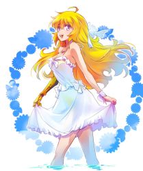 Rule 34 | 1girl, ahoge, blonde hair, blush, bow, breasts, cleavage, clothes lift, collarbone, dress, dress bow, dress lift, frilled dress, frills, from side, hair bow, hair ribbon, happy, holding, holding clothes, holding dress, iesupa, large breasts, long hair, looking at viewer, open mouth, prosthesis, prosthetic arm, purple eyes, ribbon, rwby, sleeveless, sleeveless dress, smile, solo, very long hair, wading, walking, water, wavy hair, white bow, white dress, white ribbon, wrist ribbon, yang xiao long