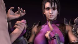 Rule 34 | 3d, animated, animated gif, armor, black hair, bodysuit, breasts, clothed female nude male, closed eyes, fingerless gloves, gloves, handjob, large breasts, lips, long hair, namco, ninja, nude, pain, penis, ponytail, redmoa, shoulder pads, skin tight, soul calibur, soulcalibur iv, spandex, taki (soulcalibur), uncensored