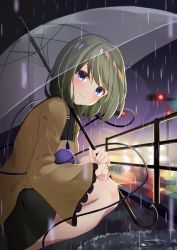 Rule 34 | 1girl, blouse, blue eyes, blurry, blurry background, blush, bokeh, breasts, closed mouth, commentary request, depth of field, eyeball, feet out of frame, gradient sky, green hair, green skirt, head tilt, highres, holding, holding umbrella, kirikaze ren, komeiji koishi, long sleeves, looking at viewer, medium hair, no headwear, outdoors, puddle, rain, see-through, shirt, skirt, sky, small breasts, smile, solo, squatting, swept bangs, third eye, touhou, traffic light, twilight, umbrella, wide sleeves, yellow shirt