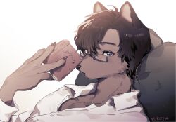 Rule 34 | 1boy, ahoge, animal ears, bishounen, blue eyes, body fur, book, brown fur, brown hair, claws, collared shirt, dog boy, dog ears, furry, furry male, glasses, hand up, highres, holding, holding book, looking at viewer, lying, male focus, mokotalow11, on back, original, parted lips, pillow, semi-rimless eyewear, shirt, short hair, simple background, solo, upper body, white background, white shirt