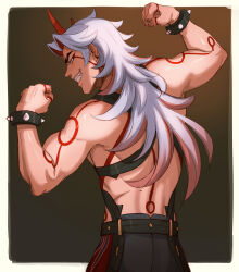 Rule 34 | 1boy, absurdres, arataki itto, arms up, back, belt, biceps, black belt, black pants, bodypaint, border, bracelet, brown background, chalseu, chest harness, clenched hands, colored inner hair, commentary, english commentary, facepaint, fang, flexing, from behind, genshin impact, grin, harness, highres, horns, jewelry, long hair, looking at viewer, looking back, male focus, multicolored hair, outside border, pants, red eyes, red hair, red horns, sideways glance, simple background, smile, solo, spiked bracelet, spikes, teeth, thick eyebrows, topless male, v-shaped eyebrows, white border, white hair