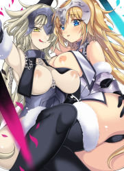Rule 34 | 2girls, akishima kei, bad id, bad pixiv id, black legwear, blonde hair, blue eyes, blush, breastless clothes, breasts, collar, fate/apocrypha, fate/grand order, fate (series), headpiece, jeanne d&#039;arc (fate), jeanne d&#039;arc (ruler) (fate), jeanne d&#039;arc (third ascension) (fate), jeanne d&#039;arc alter (avenger) (fate), jeanne d&#039;arc alter (fate), large breasts, licking lips, long hair, multiple girls, nipples, pale skin, thighhighs, tongue, tongue out, yellow eyes