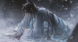 Rule 34 | 1boy, absurdres, all fours, blanket, blood, blood on clothes, blood splatter, brown hair, chinese clothes, chu wanning, earrings, erha he tadebai mao shizun, from side, full body, hair over eyes, half updo, hanfu, high ponytail, highres, hunched over, jewelry, korean commentary, long hair, long sleeves, male focus, snow, snow on head, snowing, solo, white hanfu, wide sleeves, xiao guan (headdress), young57440489