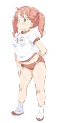 Rule 34 | 1girl, animal ears, arm behind back, black eyes, buruma, character request, copyright request, full body, gym shirt, gym uniform, hand on own leg, looking at viewer, name tag, rabbit ears, randou, red buruma, red hair, shirt, shoes, short sleeves, simple background, socks, solo, standing, twintails, uwabaki, white background, white socks