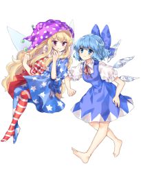 Rule 34 | 2girls, absurdres, american flag dress, american flag legwear, barefoot, blonde hair, blue bow, blue dress, blue eyes, blue hair, blue legwear, blush, bow, breasts, cheunes, cirno, clenched hand, clownpiece, dress, fairy wings, floating, full body, hair bow, hands up, hat, highres, ice, ice wings, jester cap, long hair, looking at viewer, medium breasts, mob cap, multiple girls, neck ribbon, neck ruff, no shoes, pantyhose, pinafore dress, polka dot, polka dot headwear, puffy short sleeves, puffy sleeves, purple eyes, purple hat, red dress, red legwear, red ribbon, ribbon, shirt, short hair, short sleeves, sleeveless, sleeveless dress, smile, star (symbol), star print, striped clothes, striped dress, striped legwear, striped pantyhose, touhou, transparent background, very long hair, white dress, white legwear, white shirt, wings