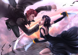 Rule 34 | 00s, 1boy, 1girl, baccano!, bad id, bad pixiv id, battle, black dress, black suit, chane laforet, claire stanfield, couple, dress, dual wielding, elbow gloves, formal, gloves, hetero, highres, holding, knife, minusion, motion blur, suit