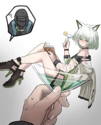 Rule 34 | 1girl, 1other, ?, animal ear fluff, animal ears, arknights, bare shoulders, black jacket, blush, book, closed mouth, cocktail glass, commentary request, cup, doctor (arknights), dress, drink, drinking glass, gradient background, green dress, green eyes, grey background, grey hair, hair between eyes, half-closed eyes, highres, holding, holding cup, hood, hood up, hooded jacket, in container, in cup, jacket, kal&#039;tsit (arknights), mini person, minigirl, nose blush, open book, see-through, smile, whate=3r, white background