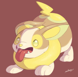 Rule 34 | creatures (company), fangs, full body, game freak, gen 8 pokemon, highres, nintendo, no humans, nullma, open mouth, pokemon, pokemon (creature), red background, signature, simple background, solo, tongue, tongue out, yamper, yellow eyes