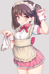 Rule 34 | 10s, 1girl, alternate costume, apron, blush, breasts, brown eyes, brown hair, cowboy shot, dress, embarrassed, enmaided, fang, fang out, grey background, highres, holding, holding clothes, holding panties, holding underwear, kantai collection, looking at viewer, magatama, maid, maid apron, maid headdress, panties, unworn panties, puffy short sleeves, puffy sleeves, ryuujou (kancolle), short dress, short sleeves, small breasts, solo, thighs, twintails, underwear, uousa-ou, waist apron, wrist cuffs