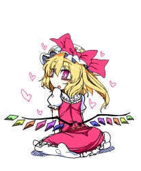 Rule 34 | 1girl, blonde hair, bow, bright pupils, flandre scarlet, from behind, hat, hat bow, highres, looking at viewer, looking back, medium hair, mob cap, parted lips, pink bow, pink eyes, pink skirt, pink vest, puffy short sleeves, puffy sleeves, shirt, short sleeves, side ponytail, simple background, sitting, skirt, solo, touhou, vest, wariza, white background, white hat, white pupils, white shirt, wings, yassy