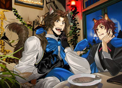 Rule 34 | 2boys, :p, absurdres, ahoge, animal ears, brown hair, cafe, cat boy, cat ears, cat tail, facial hair, fangs, fingernails, fish, gloves, goatee, highres, idolmaster, idolmaster side-m, jacket, long hair, looking at another, looking at food, low tied hair, male focus, multiple boys, mustache, open mouth, red eyes, red hair, ribbon, ryeon (gs oik), sharp fingernails, short hair, sleeves rolled up, smile, tail, tendo teru, tongue, tongue out, waistcoat, yamashita jiro, yaoi