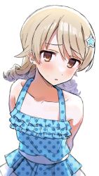 Rule 34 | 1girl, arms behind back, bare shoulders, blue one-piece swimsuit, blurry, blush, brown eyes, brown hair, budoumfmf, collarbone, dot nose, drill hair, earrings, flat chest, frilled one-piece swimsuit, frills, hair ornament, highres, idolmaster, idolmaster cinderella girls, idolmaster cinderella girls starlight stage, jewelry, light brown hair, long hair, looking at viewer, morikubo nono, one-piece swimsuit, parted lips, polka dot, polka dot swimsuit, ringlets, shy, simple background, solo, standing, star (symbol), star hair ornament, sweatdrop, swimsuit, white background