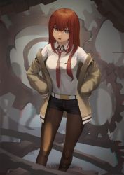 Rule 34 | 1girl, belt, belt buckle, black pantyhose, black shorts, breast pocket, brown jacket, buckle, commentary, feet out of frame, gears, grey background, hair between eyes, hands on own hips, highres, jacket, pantyhose under shorts, long hair, looking at viewer, makise kurisu, necktie, off shoulder, ola (bunnyfly), pantyhose, pocket, red hair, red necktie, shirt, short shorts, shorts, sidelocks, solo, standing, steins;gate, thigh gap, white belt, white shirt