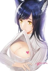 Rule 34 | 1girl, ahri (league of legends), animal ears, artist name, bad id, bad pixiv id, bibico, black hair, breasts, cleavage, facial mark, fox ears, heart, large breasts, league of legends, long hair, meme attire, open-chest sweater, simple background, solo, sweater, whisker markings, white background, yellow eyes