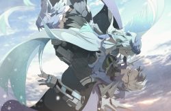 Rule 34 | 1boy, 1girl, armor, bare shoulders, black hair, brynhildr (fate), cape, closed mouth, closed eyes, fate/grand order, fate/prototype, fate/prototype: fragments of blue and silver, fate (series), floating, gauntlets, glasses, gloves, grey hair, hair ornament, headpiece, long hair, mono (freerotary), multicolored hair, outdoors, parted lips, sigurd (fate), sky, two-tone hair, very long hair, white hair