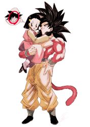 Rule 34 | 1boy, absurdres, body fur, carrying, carrying person, chi-chi (dragon ball), couple, dragon ball, dragon ball gt, highres, husband and wife, looking at another, monkey boy, monkey tail, muscular, muscular male, pants, red fur, short hair, smile, son goku, super saiyan, super saiyan 4, tail, yellow pants, yuuri (fukuroudou)