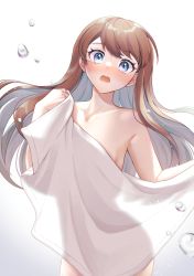 Rule 34 | 1girl, blue eyes, blush, brown hair, character request, collarbone, covering privates, cowboy shot, floating hair, holding, holding towel, long hair, looking at viewer, nanase (nns 6077), nude, open mouth, see-through silhouette, simple background, solo, standing, straight hair, swept bangs, towel, very long hair, wavy mouth, white background